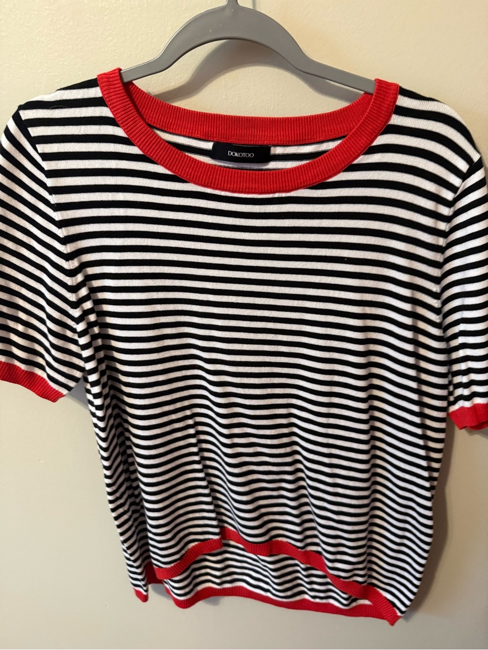DONDUP Black & White Striped Short Sleeve Tee with Red Trim